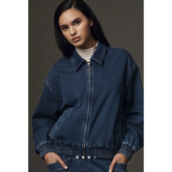 Anthropologie Rylie Bomber Jacket By Pilcro Demin Knit Edition Md z Sz Lg Blue - Picture 1 of 10